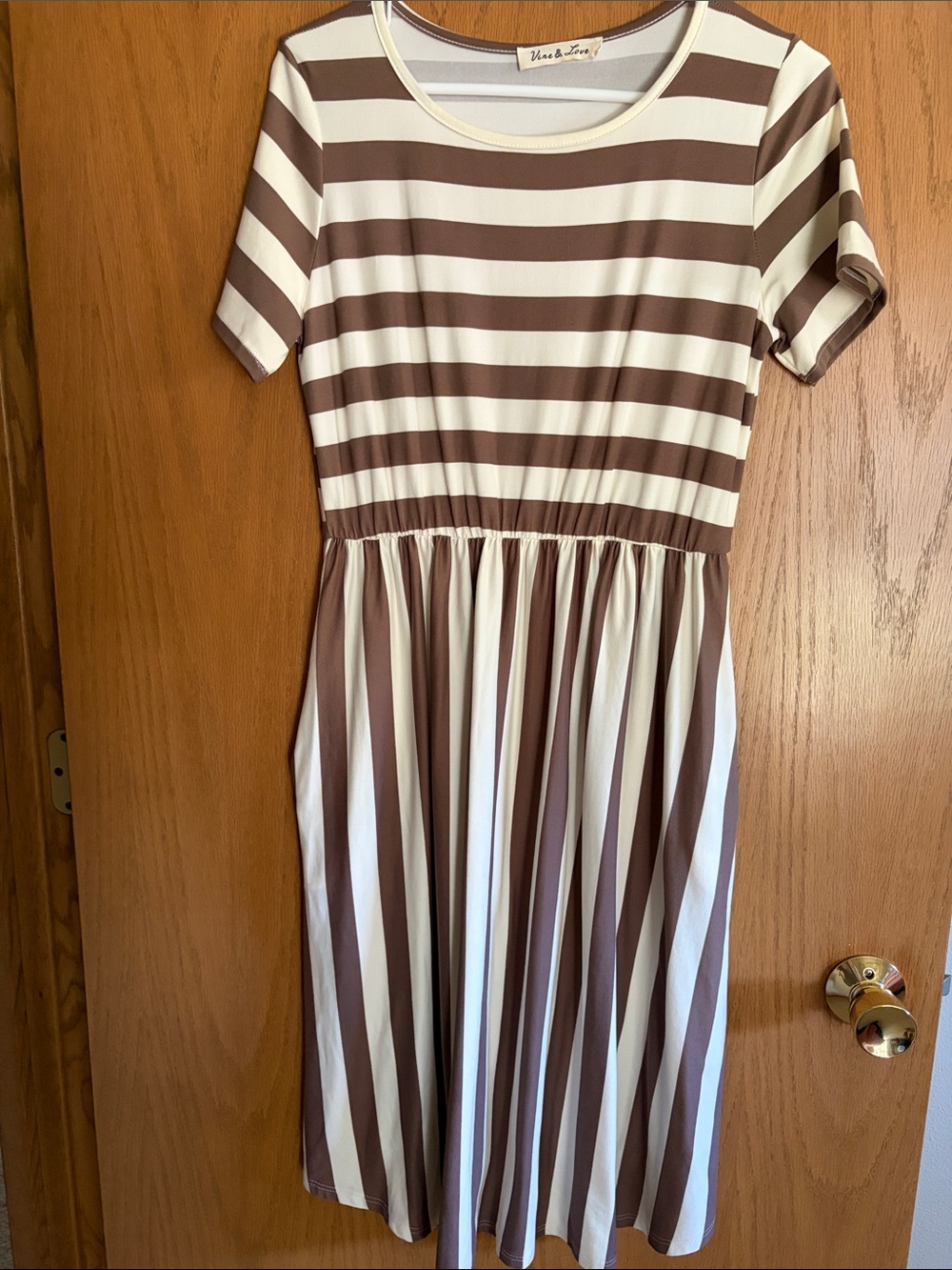 Vine & Love purple and Cream Striped Short Sleeve Midi Dress